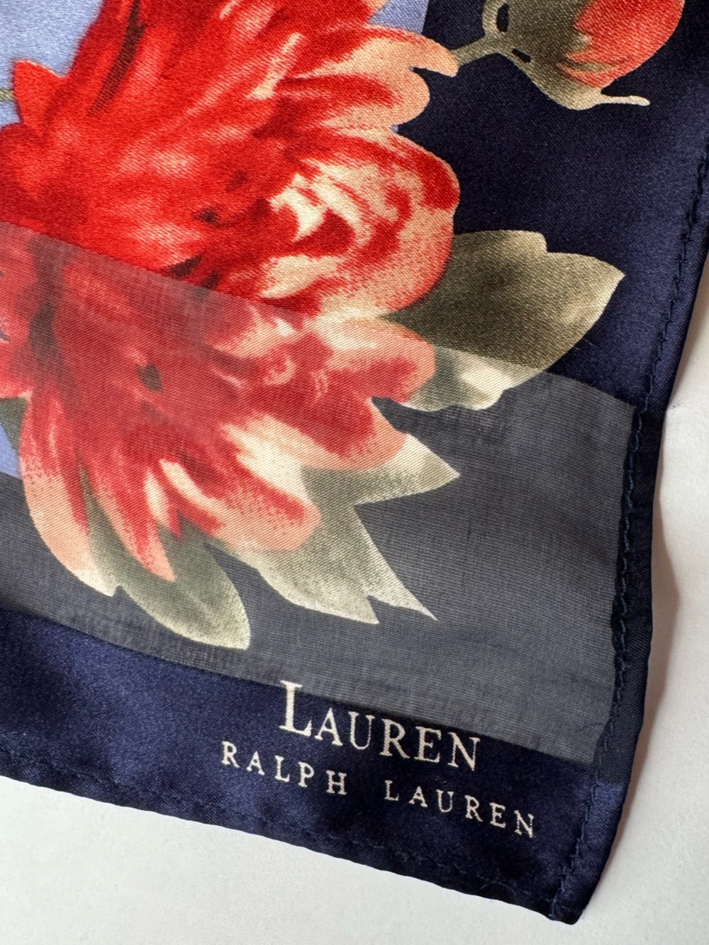 Ralph Lauren Silk Floral Scarf Blue Navy Square Vintage Style - Picture 3 of 7